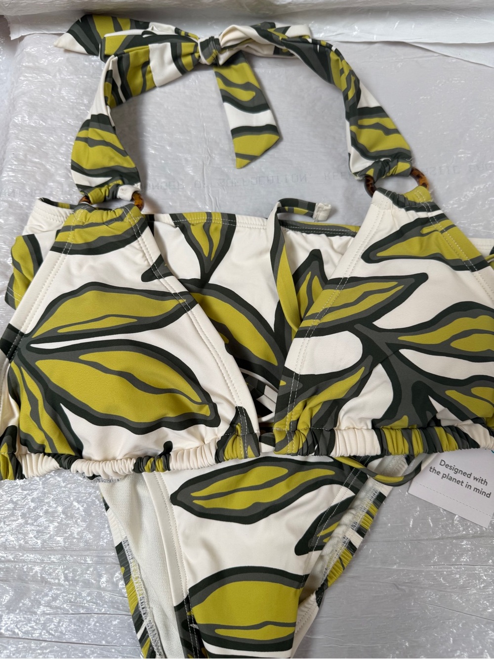 Time and Tru Olive Green and White Leaf 2 Piece Halter Bikini S top XS bottom